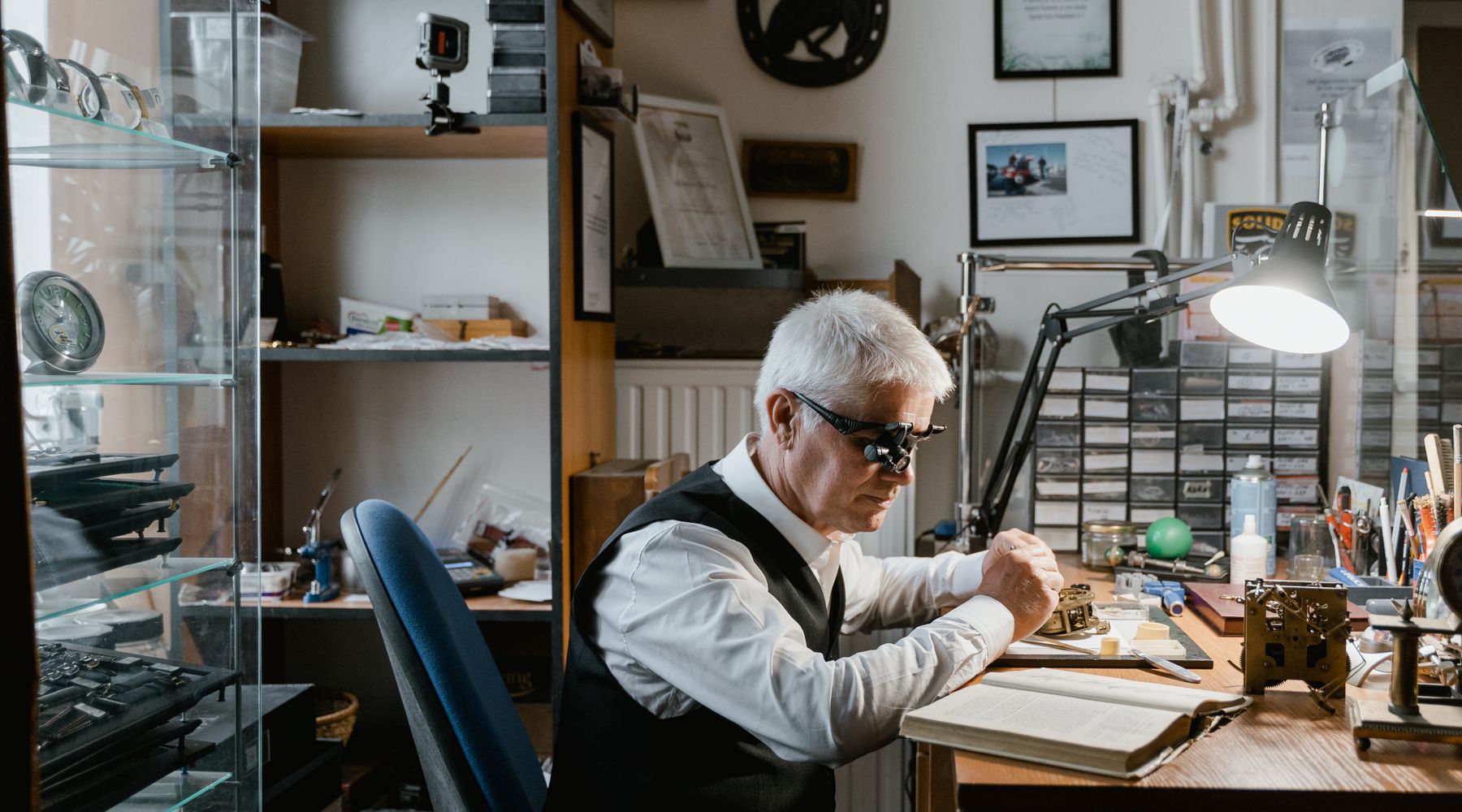 Watchmaking tools on a bench